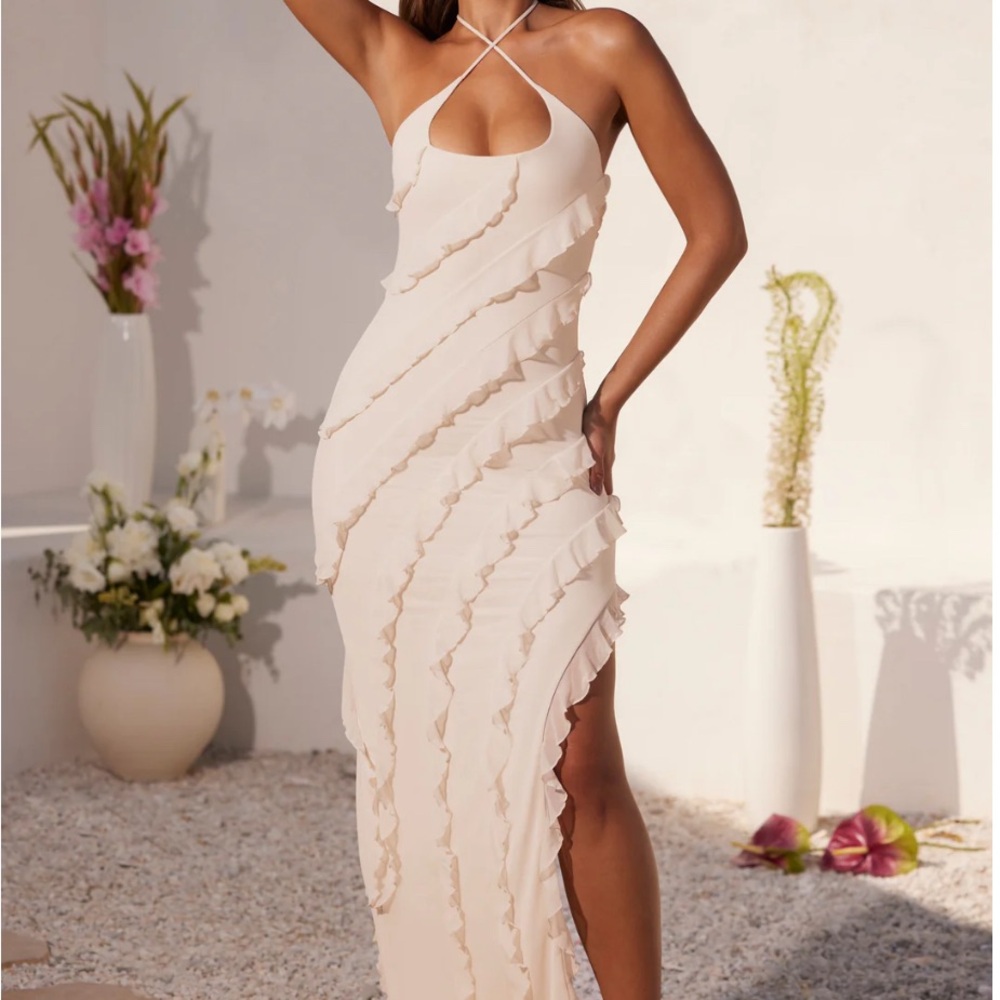 Oh Polly Cream Asymmetrical Ruffle Dress